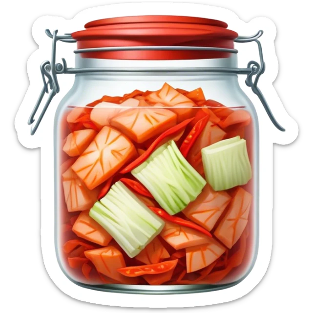 chopped up Kimchi Cinematic Realistic Kimchi Dish Emoji, depicted as spicy, fermented cabbage with vibrant red hues neatly served in a traditional jar, rendered with dynamic textures and bold, appetizing lighting. sticker