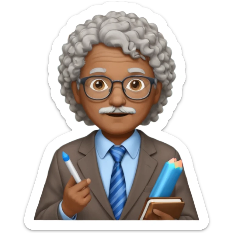 old man teacher, brown skin, curly grey white hai, wearing glasses, brown suit, blue tie hold chalk on hand sticker
