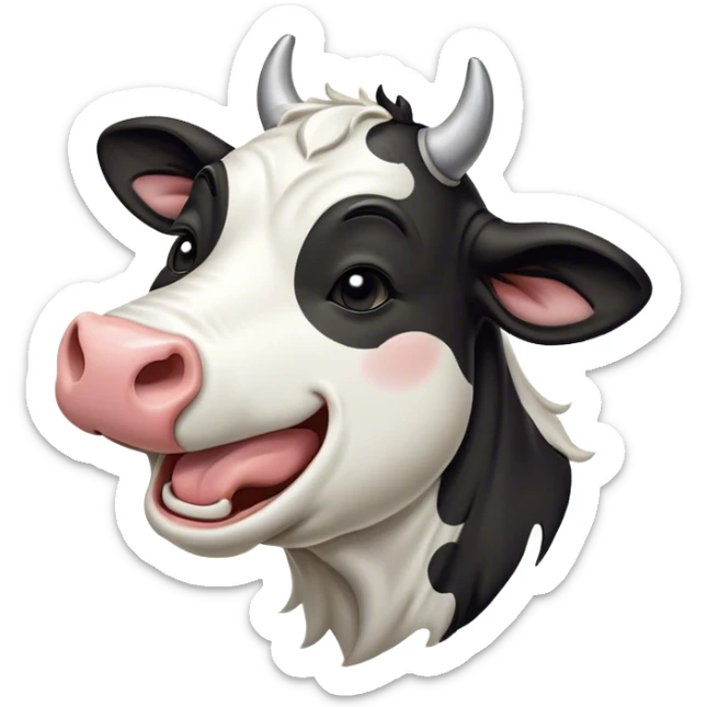 Cinematic Cute Yawning Black and White Cow Portrait Emoji, Head tilted slightly with a dramatic, wide-open yawn, showcasing a smooth, contrasting coat of black and white, floppy ears slightly drooping, round brown eyes barely open in drowsy contentment, Simplified yet irresistibly adorable features, highly detailed, glowing with a soft, cozy glow, high shine, relaxed yet expressive, stylized with a touch of modern whimsy, bright and endearing, soft glowing outline, capturing the essence of a sleepy yet affectionate cow, so drowsy it feels like it could stride out of the screen and curl up for a nap! sticker