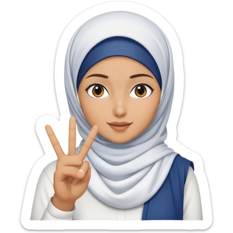 White hijab girl wearing white tshirt and dark blue hijab doing peace sign sticker