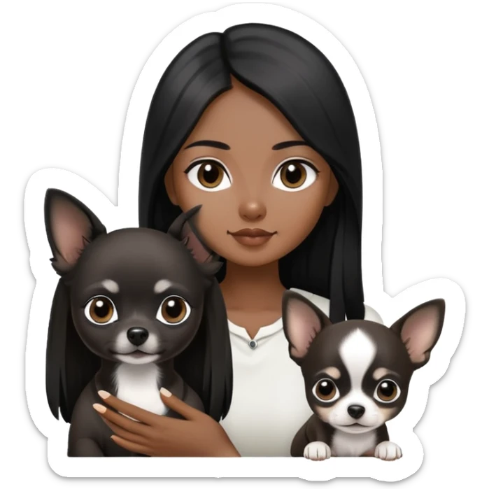 Thai woman with long straight black hair next to a small black and white Chihuahua puppy sticker