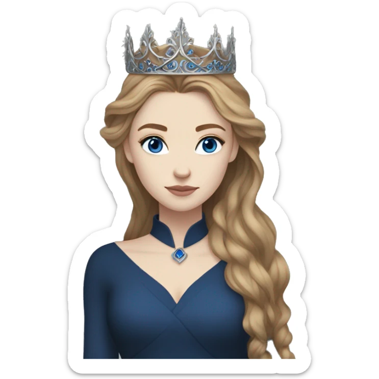 Feyre has pale skin, golden-brown hair and blue-grey eyes. She has a dark blue dress on with a silver crown sticker