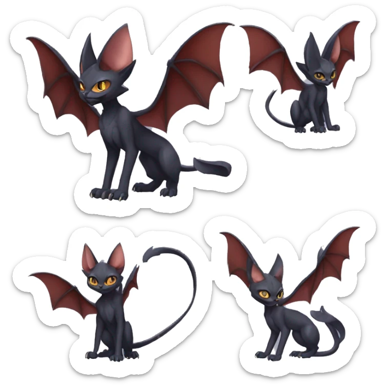 Black cool vampiric Noivern-Litten-Sphynx-Lykoi-Caracal-Fakemon with big bat ears full-body sticker