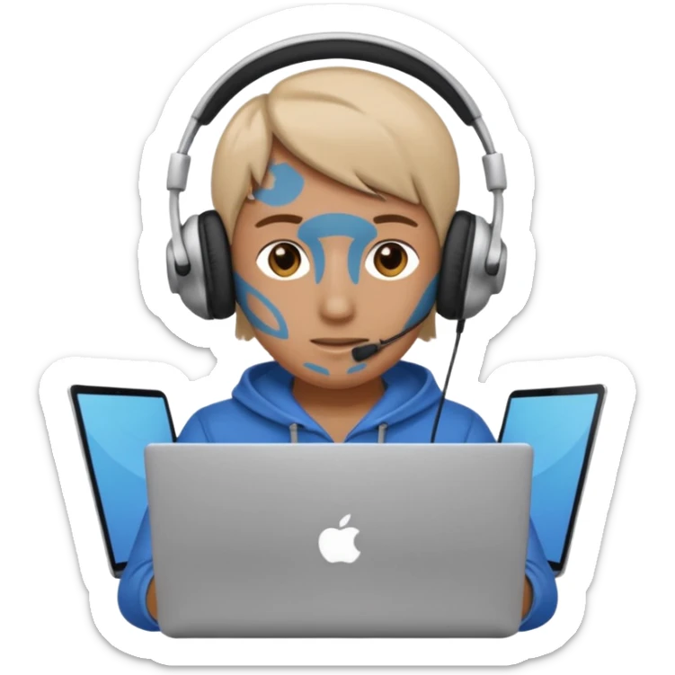 laptop ile çalışan kulaklık tana biri, bilgisayar logosuz olsun sticker