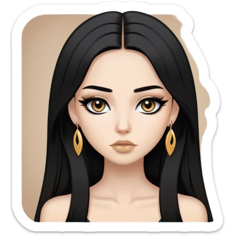 pale, black straight hair, baddie,pretty, makeup, black eyeliner, long hair sticker