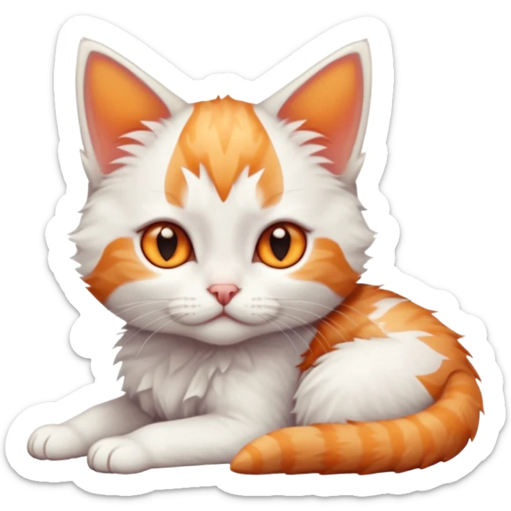 full body of very small + skinny ginger and white kitten with deep orange eyes and triangular shaped face lying down sticker