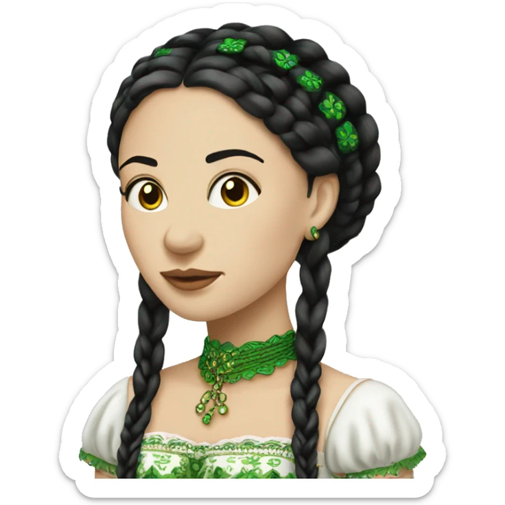 UKRAINIAN WOMAN WITH TWO LONG BLACK BRAIDS, DRESSED IN GREEN EMBROIDRE CORSET sticker