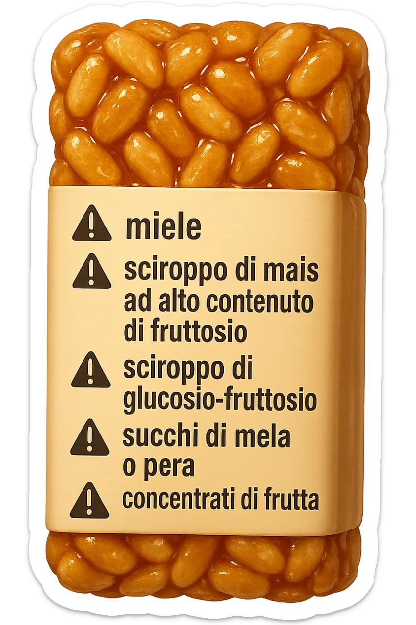 SU QUESTO STILE FAI UN EMOJI STILE IPHONE 3D DI UNa barretta ai cereali con ETICHETTA CON GLI INGREDIENTI SCRITTI, "miele, sciroppo di mais ad alto contenuto di fruttosio, sciroppo di glucosio-fruttosio, succhi di mela o pera,
concentrati di frutta" accanto ad ogni nome scritto mettici un segnale di allarme, FALLO MOLTO REALISTICO IN 3D sticker