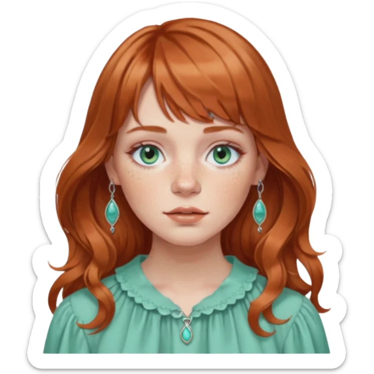 Woman with light auburn wavy hair and curtain bangs, freckled fair skin, blue-green eyes, rosy lips, septum ring, soft natural makeup, delicate silver jewelry, relaxed expression. sticker