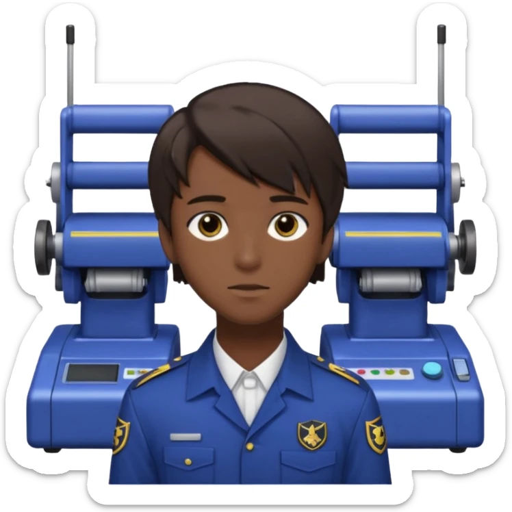 A 20-year-old man with dark brown hair, anime style, dark brown eyes, his hair on the right side is normal and straight, while the left side extends sideways. He is wearing a collared uniform. The background is filled with machines. sticker