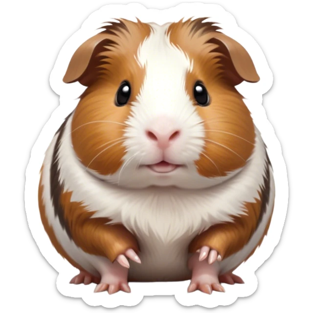 Cinematic Cute Brown and White Banded Guinea Pig Portrait Emoji, Head tilted playfully and inquisitively, showcasing a fluffy coat with playful brown and white banded patterns, round, sparkling dark eyes filled with curiosity, Simplified yet irresistibly adorable features, highly detailed, glowing with a warm, friendly glow, high shine, affectionate and spirited, stylized with a touch of whimsy, bright and endearing, soft glowing outline, capturing the essence of a mischievous yet loving guinea pig, so playful it feels like it could dash out of the screen and into your arms! sticker