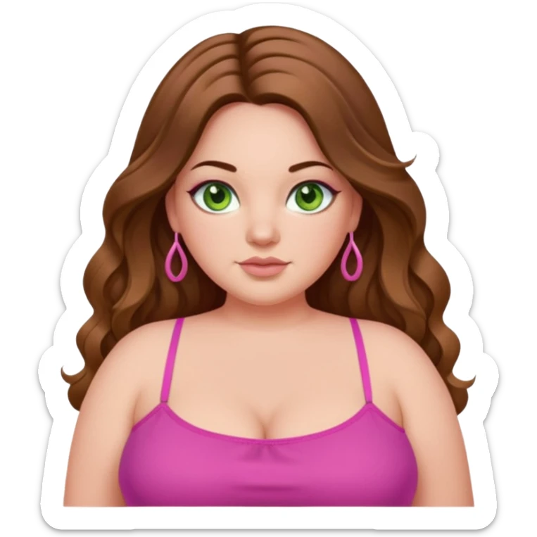 Baddie bratz girl with middle parted long wavy brown hair. green eyes. Plus size. pink spaghetti strap top. sticker