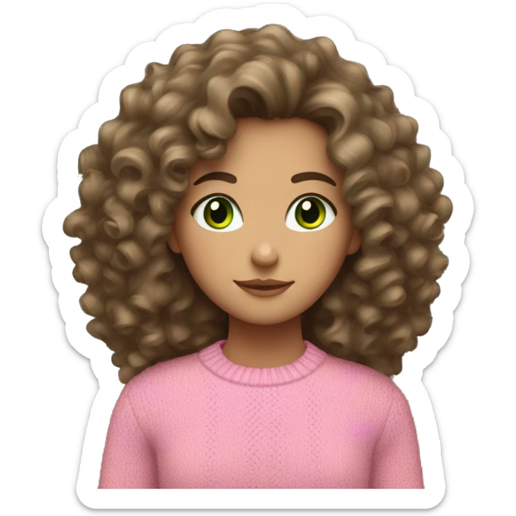Caucasian brunette girl with curly hair and green eyes and a pink sweater sticker