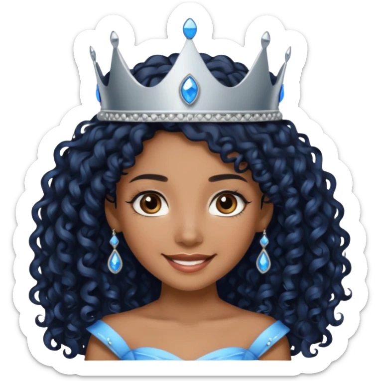 Por favor hazme el emoji de la princesa pero morena con el pelo negro y rizado y largo, los ojos marrones y la corona plateada con jollas azules sticker