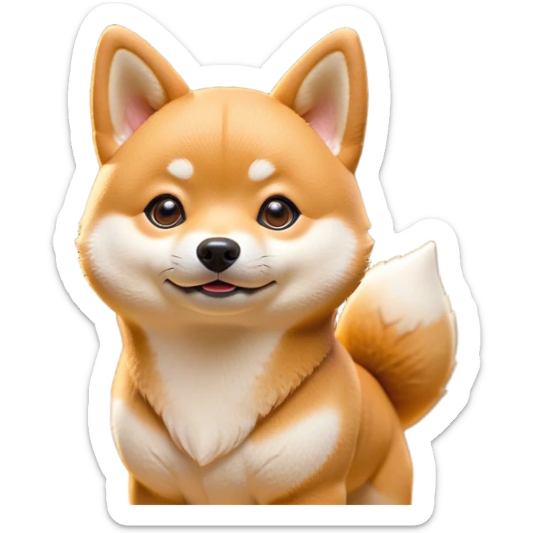 Cinematic Cute Shiba Inu Portrait Emoji, Head tilted playfully and inquisitively, featuring a richfur with a creamy underbelly and perky ears, round, sparkling brown eyes filled with curiosity, Simplified yet irresistibly adorable features, highly detailed, glowing with a warm, friendly glow, high shine, affectionate and lively, stylized with a touch of whimsy, bright and endearing, soft glowing outline, capturing the essence of a mischievous yet loving pup, so playful it feels like it could leap out of the screen and into your arms! sticker