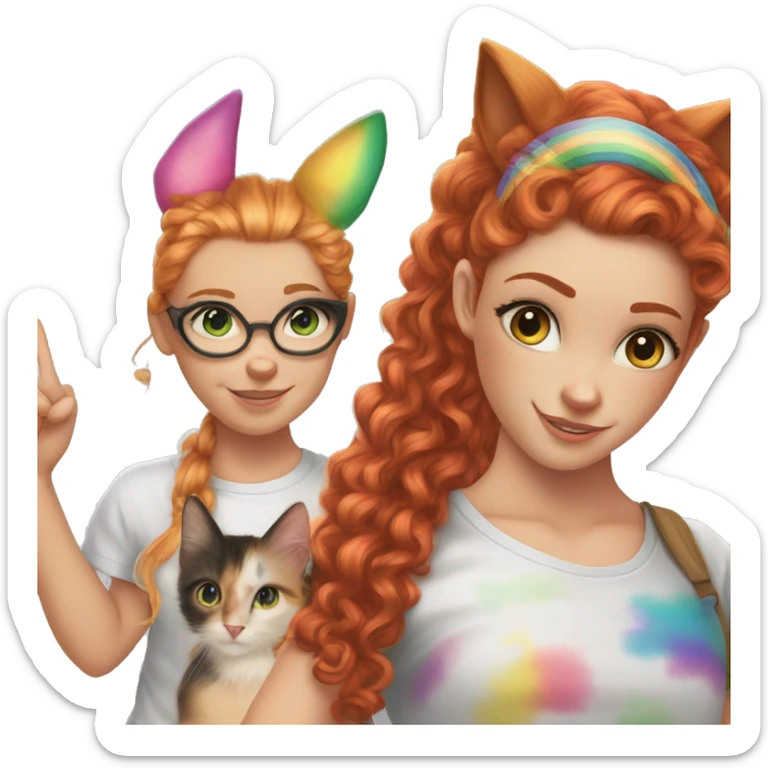 a white girl with long red curly hair in a pony tail with rainbow shirt does peace sign wearing cat ears one black other white sticker
