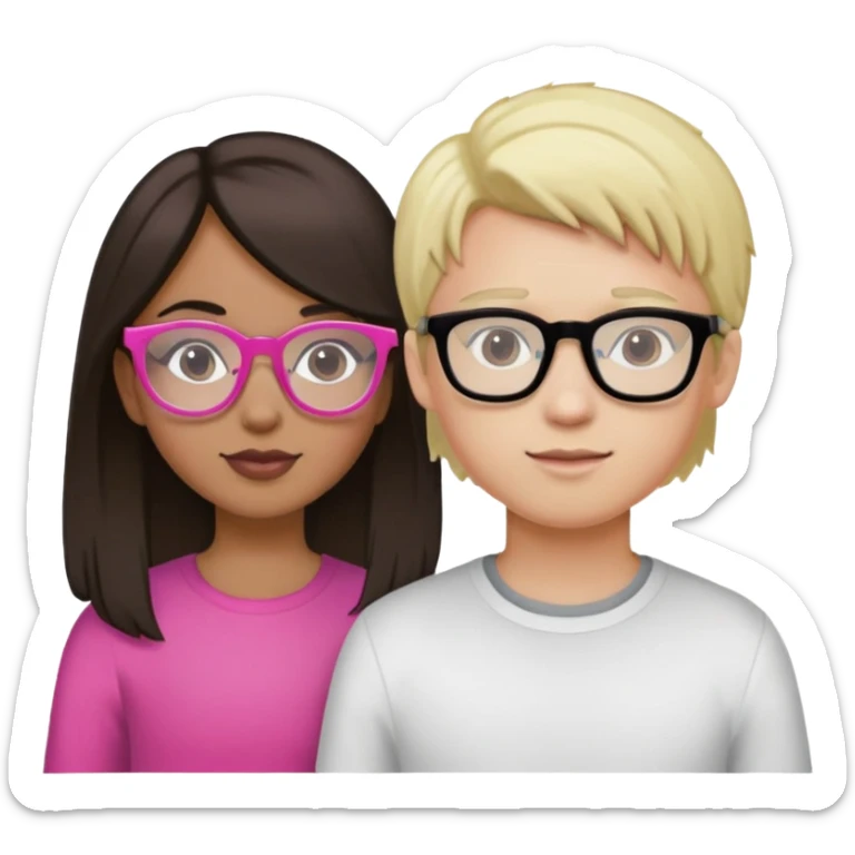 Girl with Dark Brown Hair, Pink glasses, And a mixed skin tone. Boy with white skin tone, Blonde Hair and black glasses  sticker