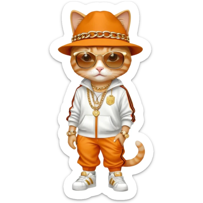 female cat dressed like Run DMC with tracksuit, fedora, Adidas shoes, dark sunglasses, lots of gold chains, rings, bracelets, earrings, upright sticker