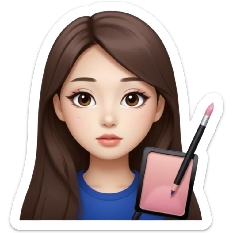“korean straight long brown hair Emoji girl, soft eyeliner and blush, gradient lips, light brown shimmer eyeshadow sticker