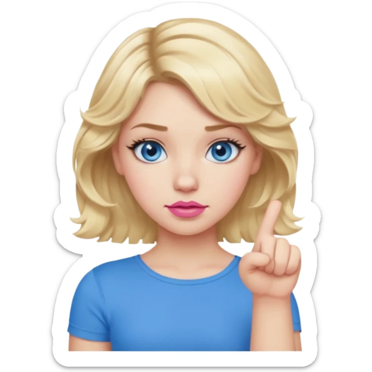 Girl Blonde short wavy hair,  blue eyes, cute blue top, long lashes, pink lips, thumbs down 👎  sticker