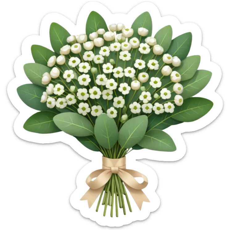 bouquet of eucalyptus and gypsophila flowers with beige ribbon sticker