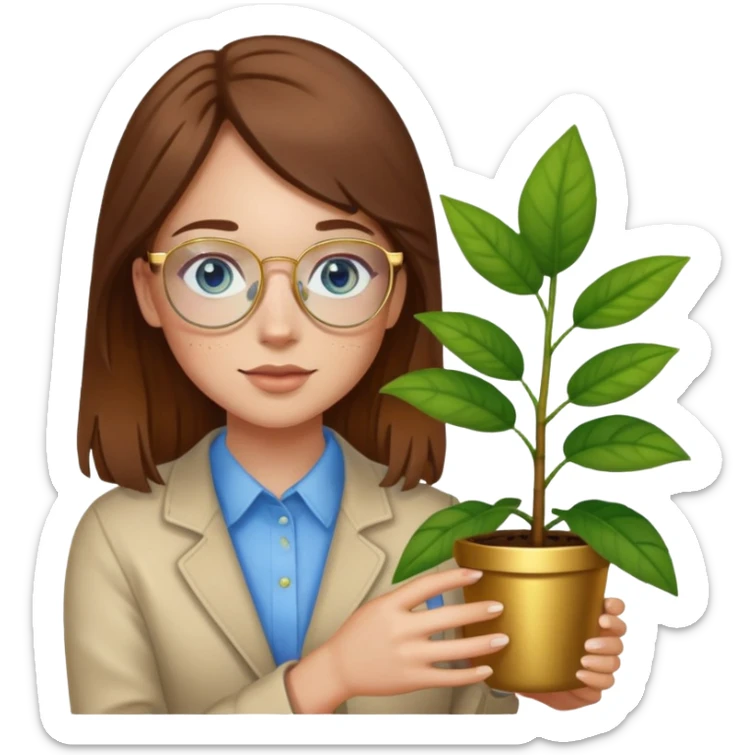 Girl with light skin, brown hair, blue eyes, freckles, and gold glasses holding plant sticker