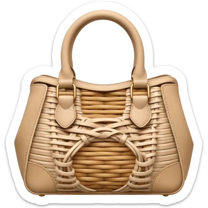 A 3D cartoon woven handbag with interlaced fiber details, neutral tones, Memoji-style realism. sticker