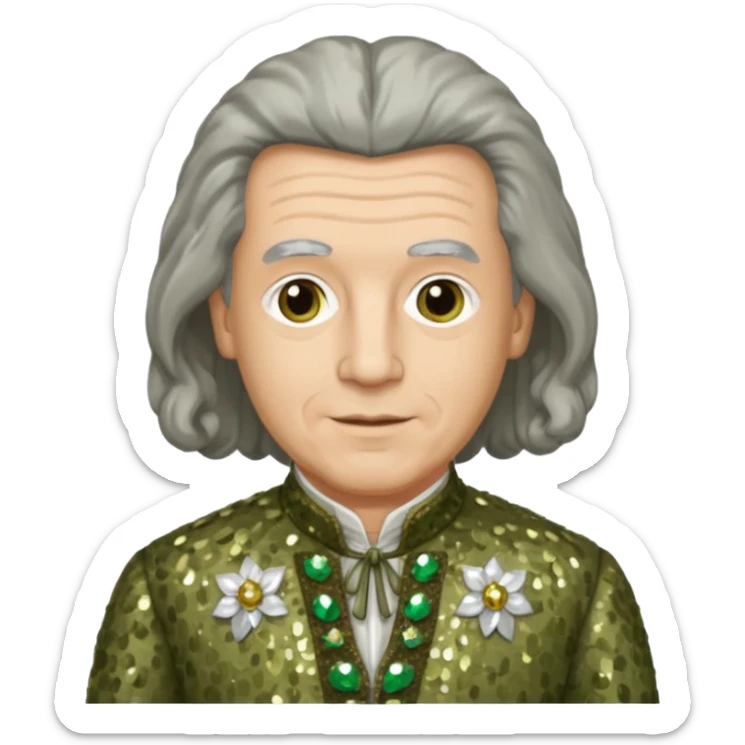 Johann Konrad Dippel (1673-1734) with gray hair, olive sequin outfit sticker