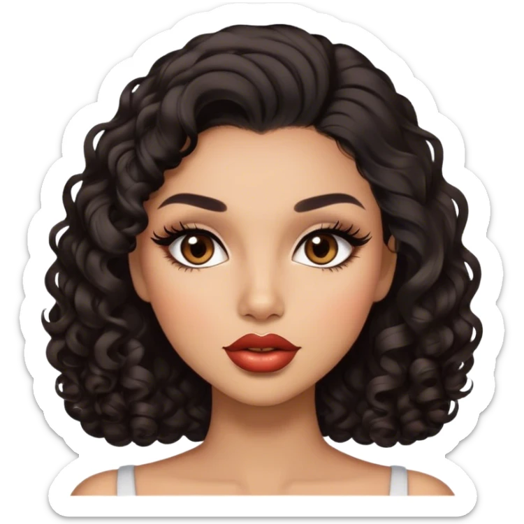 Glamourous, light brown skin tone, very beautiful woman, with big plump lips, long long lashes, black curly smooth short hair, straight parting hair, brown eyes sticker