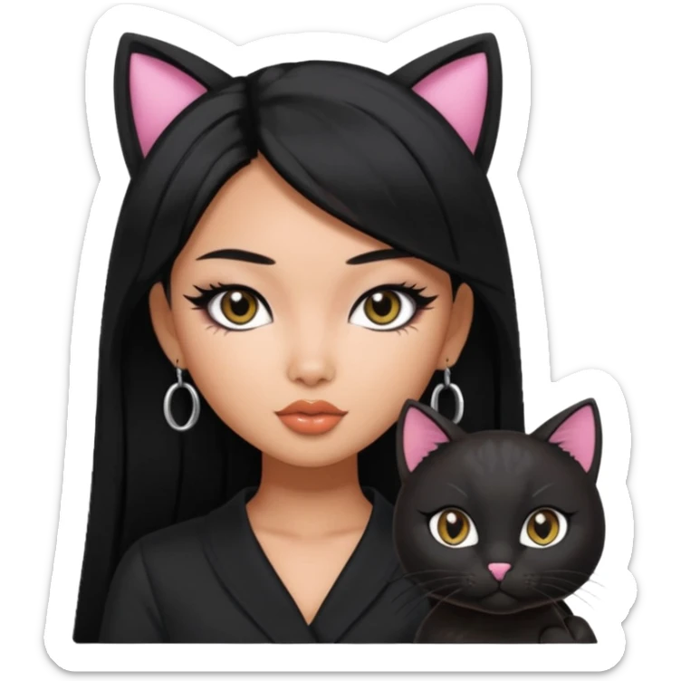 asian tanned beauty standard, black hair, pretty bratz baddie, black eyeliner and black cat sticker