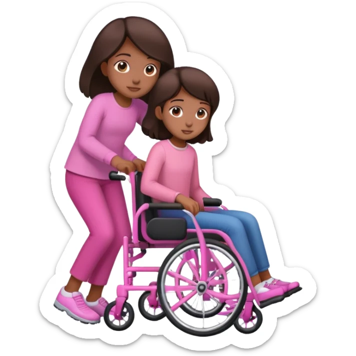 One dark brown sister pushing her brown sister in a pink wheelchair sticker