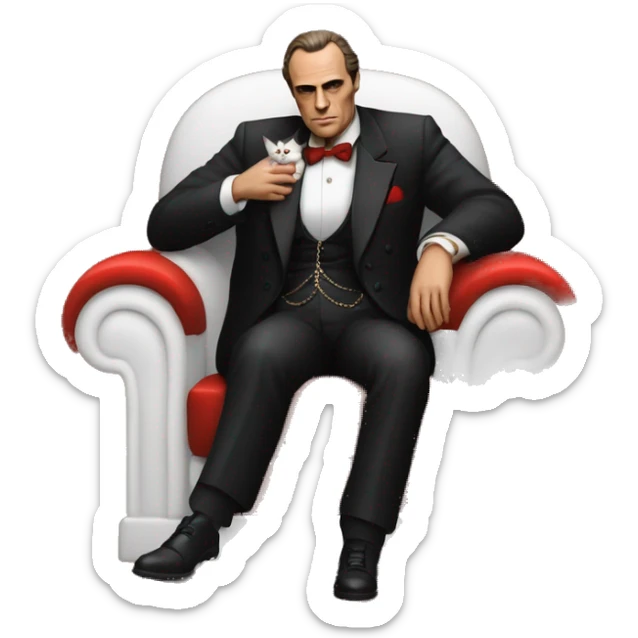 don corleone as a mafia boss sitting on a red chair petting a white cat on his lap sticker