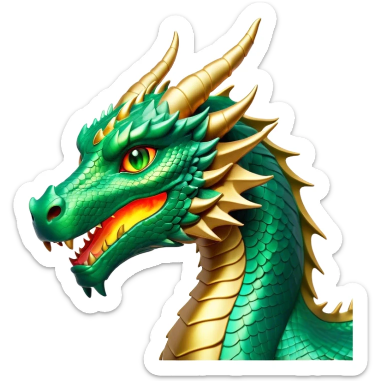 Cinematic Noble Dragon Portrait Emoji, Poised and majestic, with a sinuous, elongated build and shimmering, scale-covered skin in hues of emerald and gold, piercing, fiery eyes, Simplified yet sharp and sophisticated features, highly detailed, glowing with a mystical, radiant glow, high shine, intelligent and formidable, stylized with an air of ancient power, focused and attentive, soft glowing outline, capturing the essence of a watchful and legendary dragon that feels as though it could soar out of the screen with effortless authority! sticker