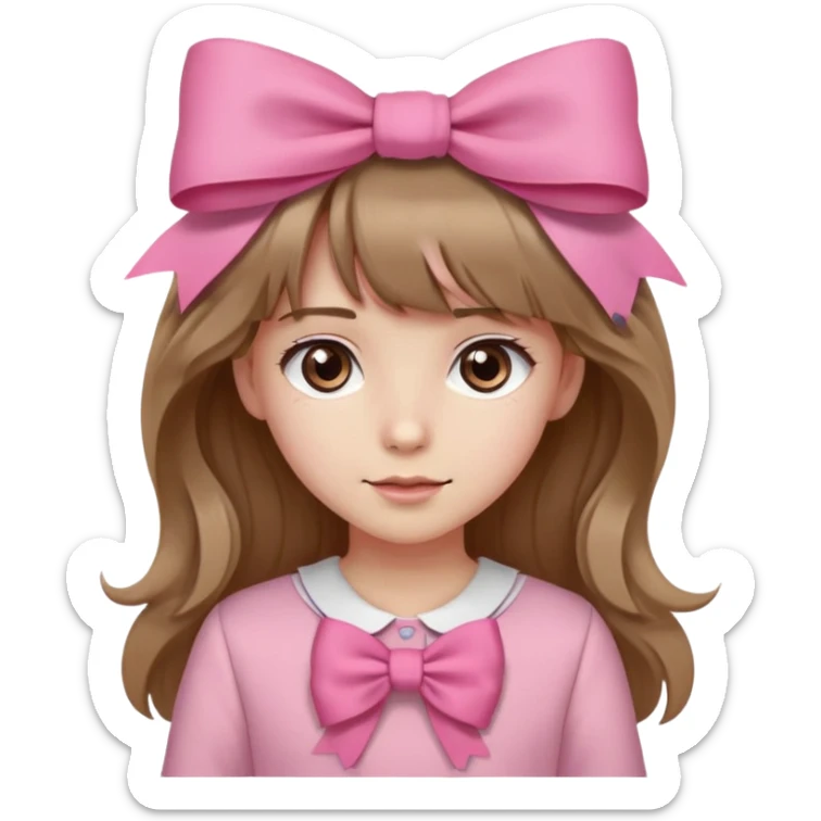 girl, fair skin, long wavy hair with straight bangs, light brown eyes and pink clothing, with a bow on her head sticker