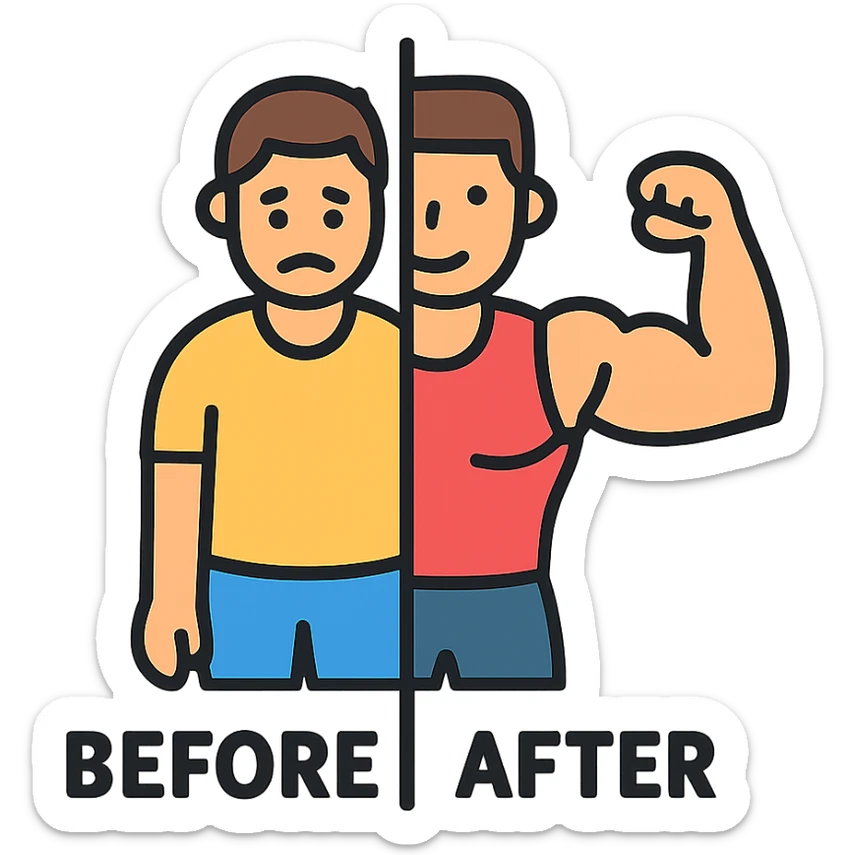 in the picture is devided in to two parts, at the first the sportsman is weak and lazy, but at the second picture the same sportsman is very strong because he doing a workout regularly. There is no line between the picture, at the first picture the is a word before, in the second picture there is a word after sticker