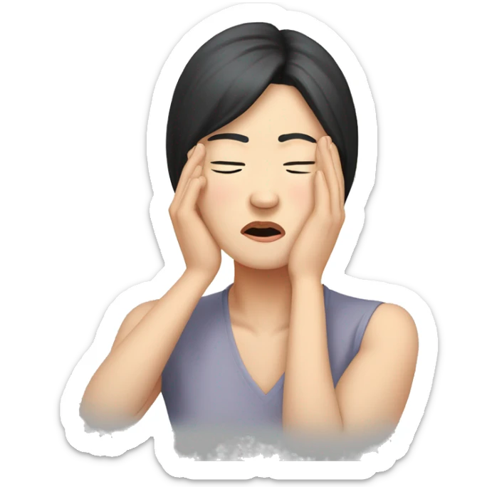 Headache, middle-aged Korean woman in her 40s, with only one hand on her head, painful face, black hair sticker