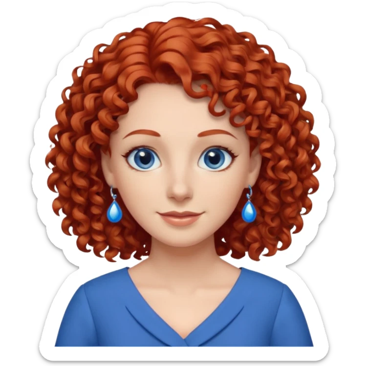 una profesora simpática con el pelo rojo rizado, ojos azules, vestido azul y pendientes azules sticker
