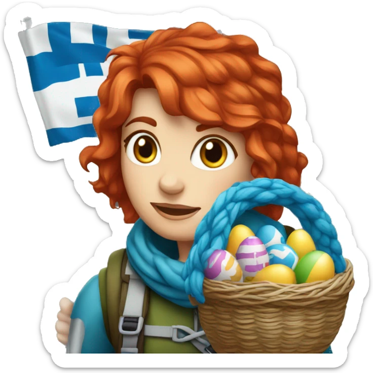 Female winter mountaineer red hair white skin climbing with Greek Flag and Easter eggs basket sticker