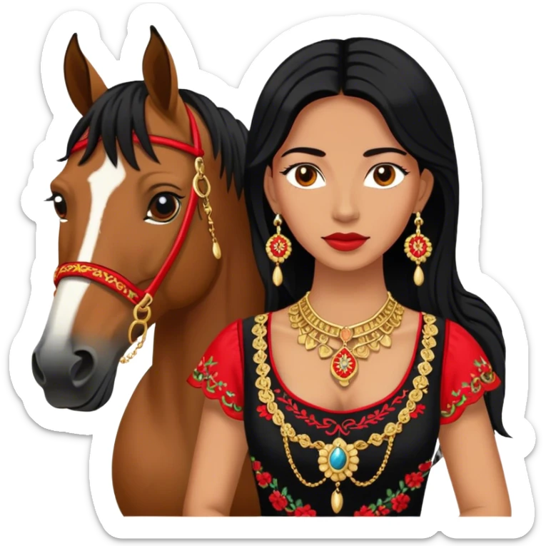 A woman in a black and red embroidered dress poses beside a horse, wearing gold necklace  sticker