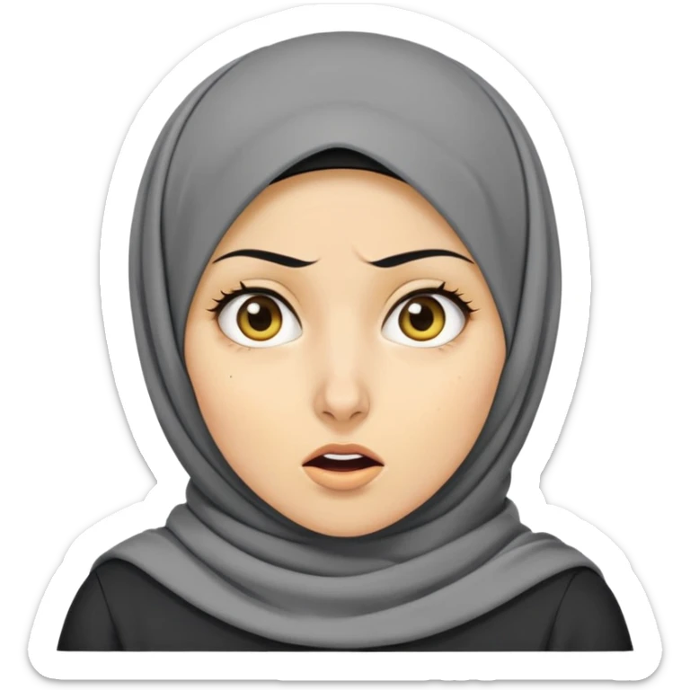 người phụ nữ 30 tuổi, da vàng, đội khăn hijab, tóc ngắn màu đen, mặt biểu cảm hoảng hốt, áo màu xám đậm sticker