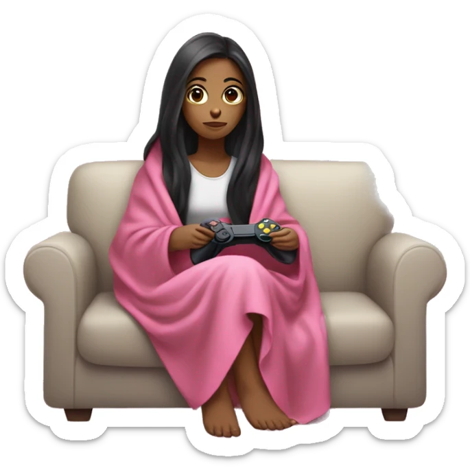 girl with long dark hair wrapped up in a blanket sitting on a couch with a pink gaming controller in her hands sticker
