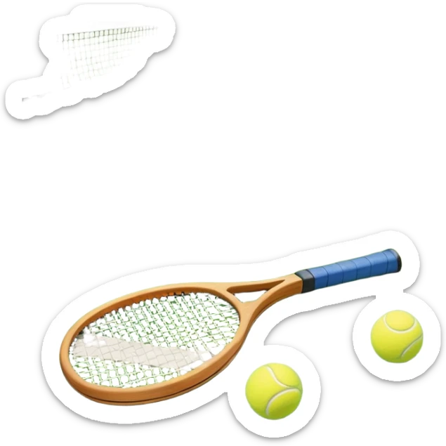 A tennis racket resting on the green grass of a tennis court, with a tennis ball placed nearby and the net stretching across the court. The background captures the fresh, open atmosphere of a traditional grass court, emphasizing the elegance and precision of the sport. sticker