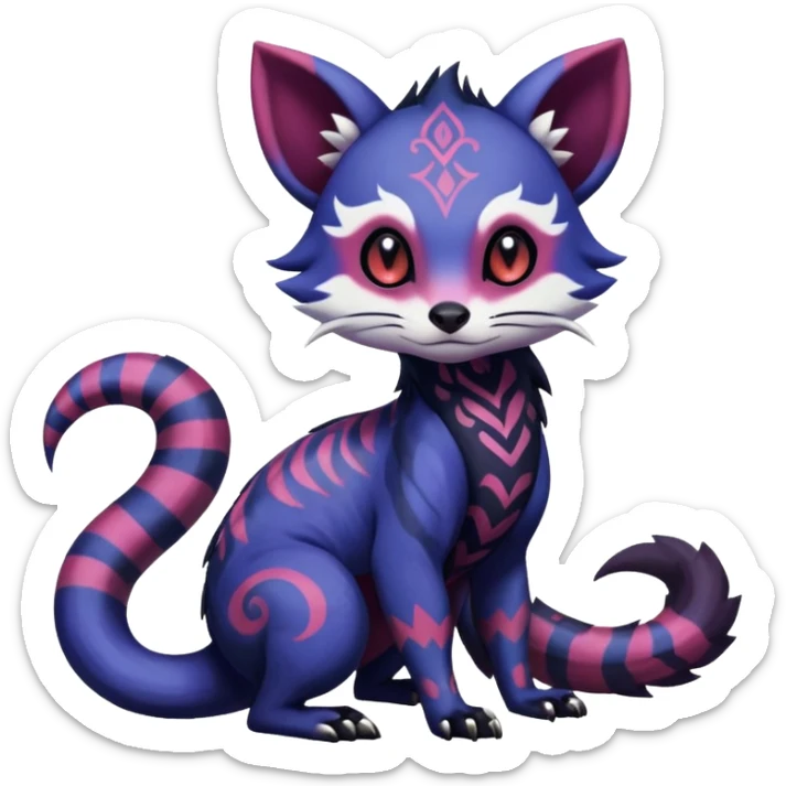 Rare warm-colored exotic gloomy tropical edgy cute epic aesthetic spooky indigo purple white black red gothic colorful Salandit-Furret-Espurr-Meowstic-Civet-species-Fakemon-hybrid-creature, with tribal tattoo markings, full body sticker