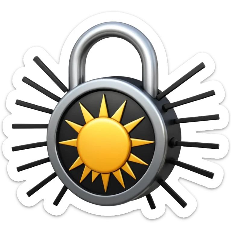 Emoji of a steel padlock snapping shut with a burst of energy lines and a rising sun silhouette behind it, symbolising tunnel vision, discipline, and a decisive new start. Bold minimal icon style, transparent background. sticker