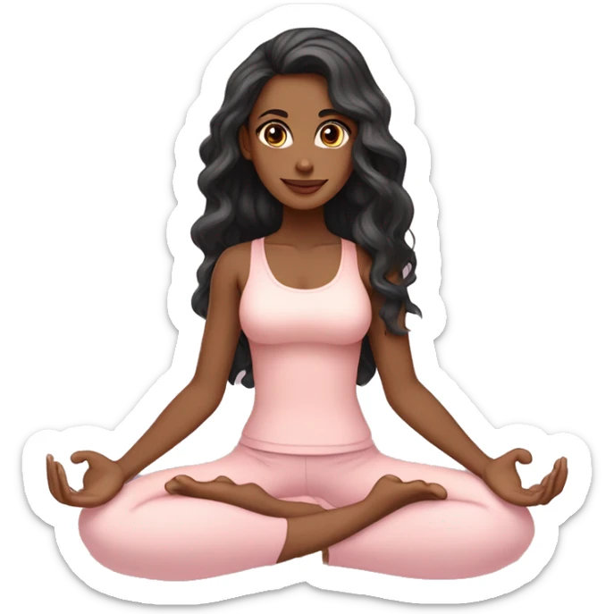 black long wavy hair and brown eyes with light tan skin yoga girl in light pink clothes sitting on a yoga mat  sticker