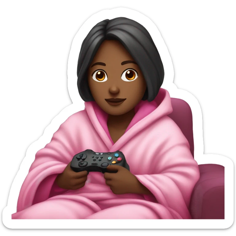 White girl with dark hair wrapped up in a blanket sitting on a couch with a pink gaming controller in her hands sticker