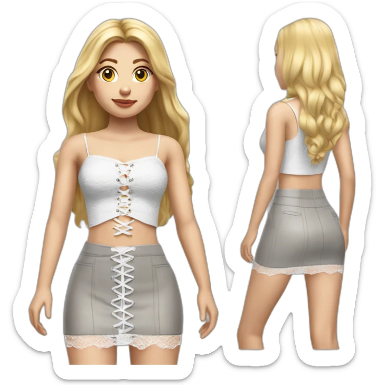 hyperrealistic caucasian female, long straight blonde hair, white lace-up crop top and grey plain tight mini skirt sticker