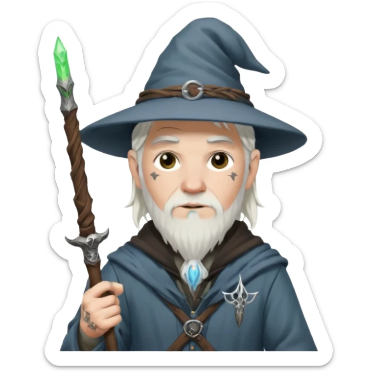 A punk guy with white hair, wearing a hat, holding a Gandalf staff and an AK-47 sticker