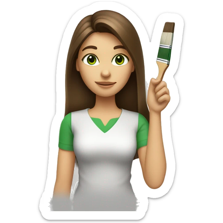 Face of a woman with long brown hair and side bang. She is holding a paintbrush in her hand.Green eyes. sticker