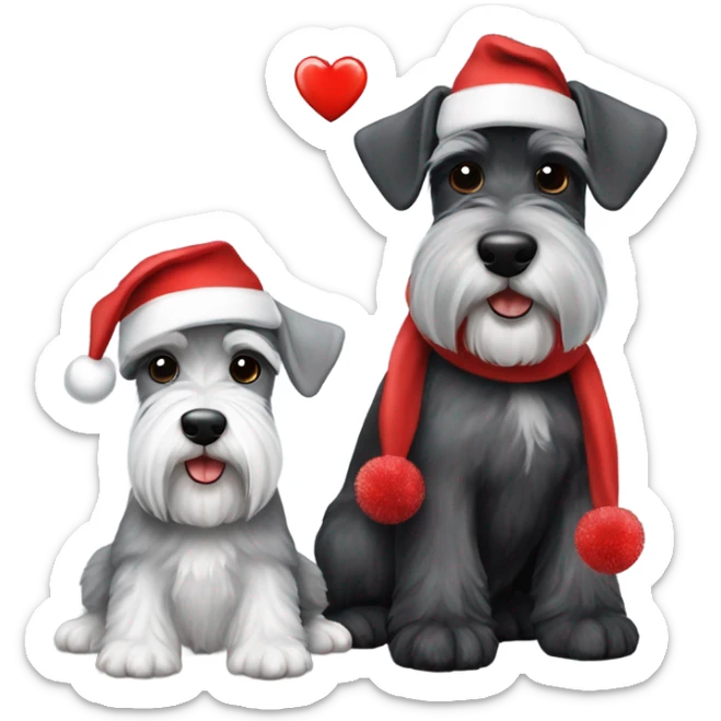 2 miniature schnauzers, 1 grey and 1 black, wearing Christmas hats with a heart sticker
